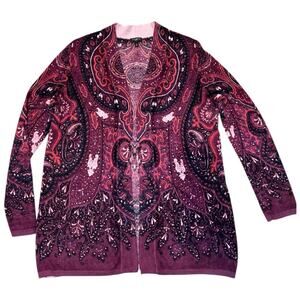 Talbots Lambswool Blend Paisley Print Open front long Cardigan sweater